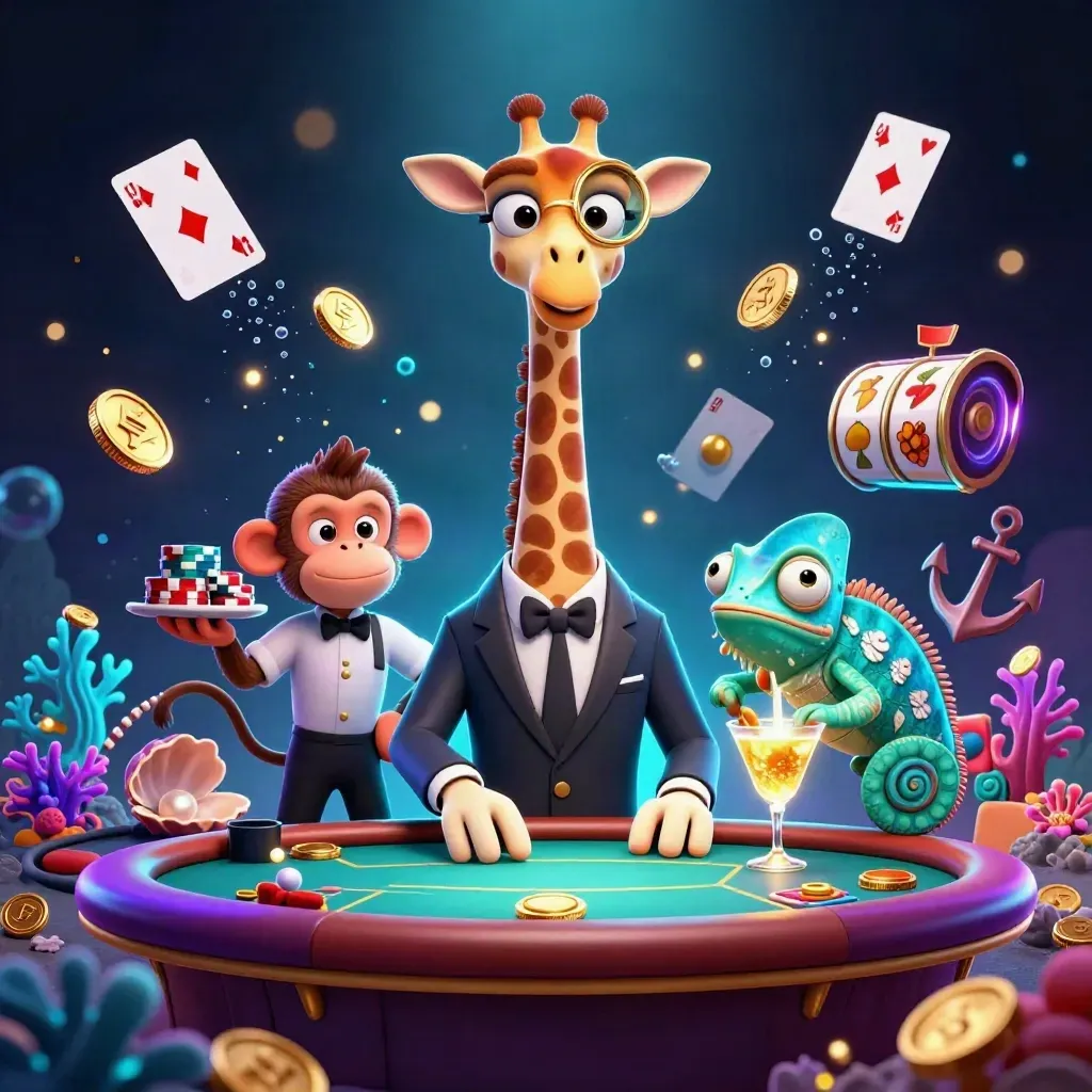 Giraffe high-roller, monkey valet, and chameleon bartender amid neon treasure and casino debris