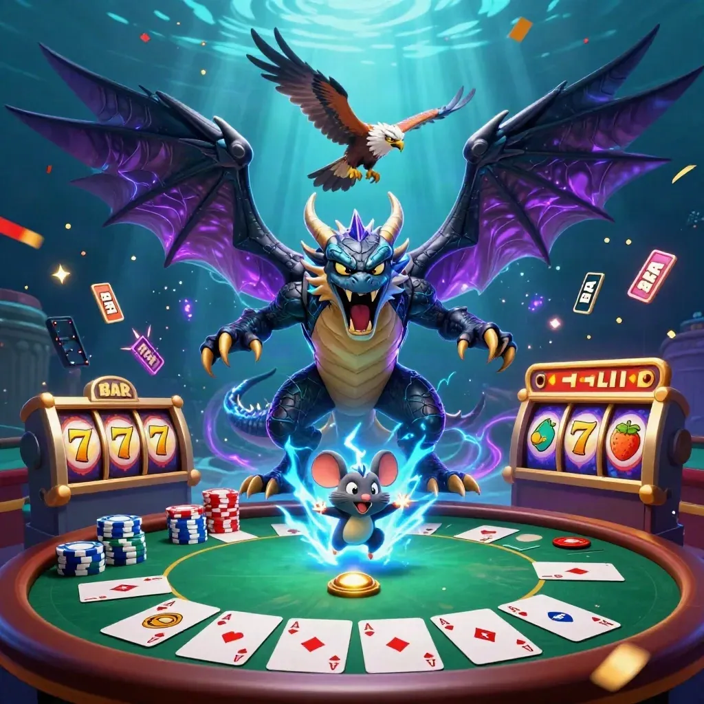 Thunder dragon, wind hawk, and static mouse amid neon chips, cards, lightning, and casino sparks.