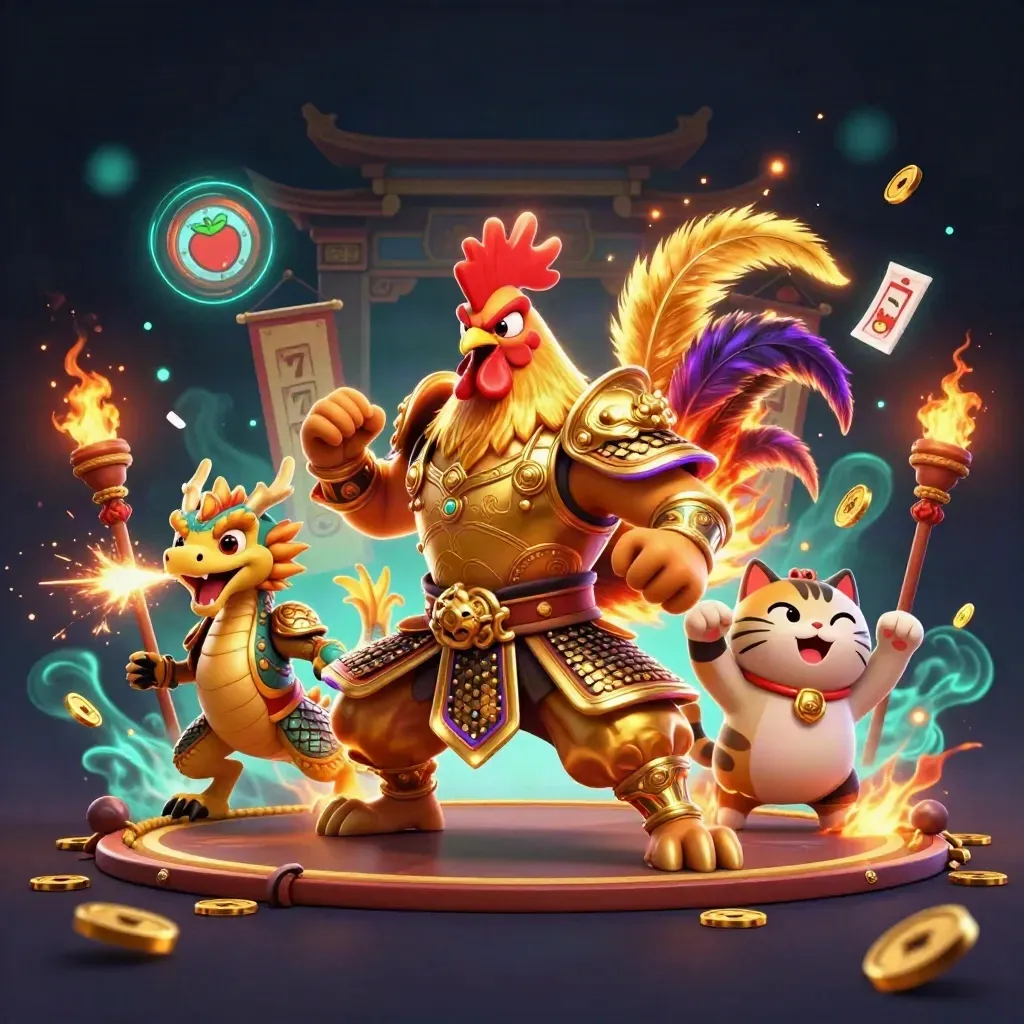 Rooster warrior, spark-breathing dragon hatchling, and fortune cat in a neon casino temple scene.