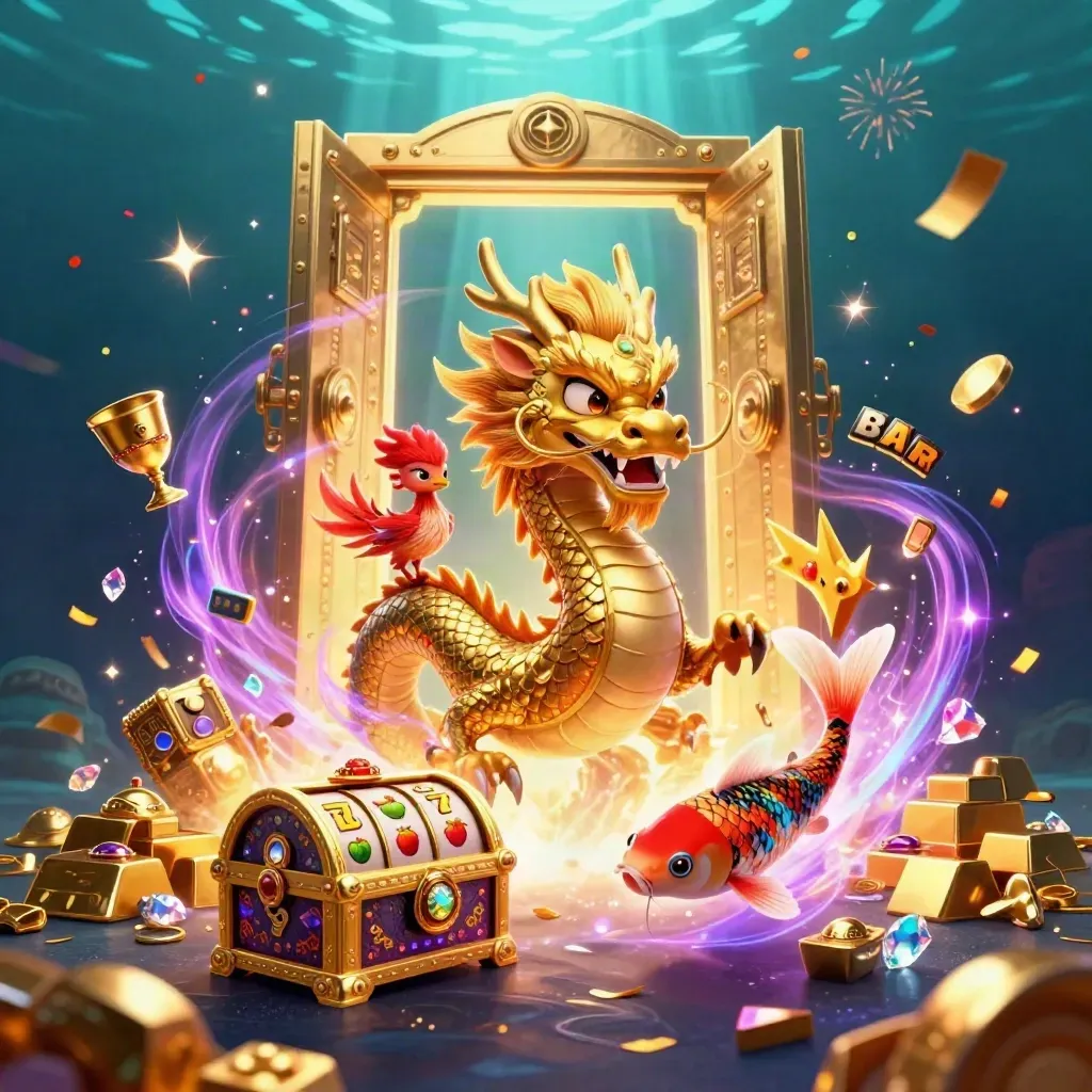 Golden dragon, phoenix, and koi amid vault light, gold, gems, and neon casino effects.
