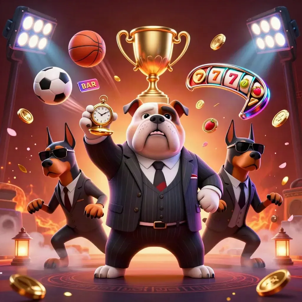 Bulldog boss and Dobermans amid neon sports loot, coins, and casino glow