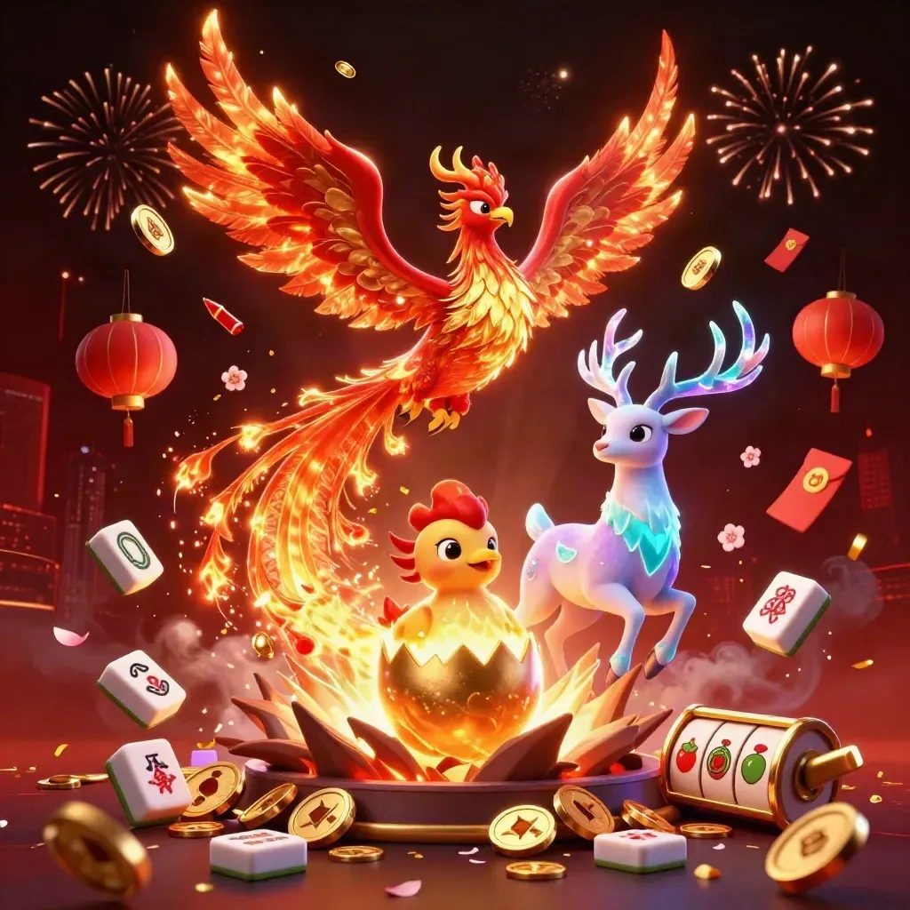 Phoenix, stag, and hatchling erupt from a neon casino treasure burst with coins, fireworks, and gold light.