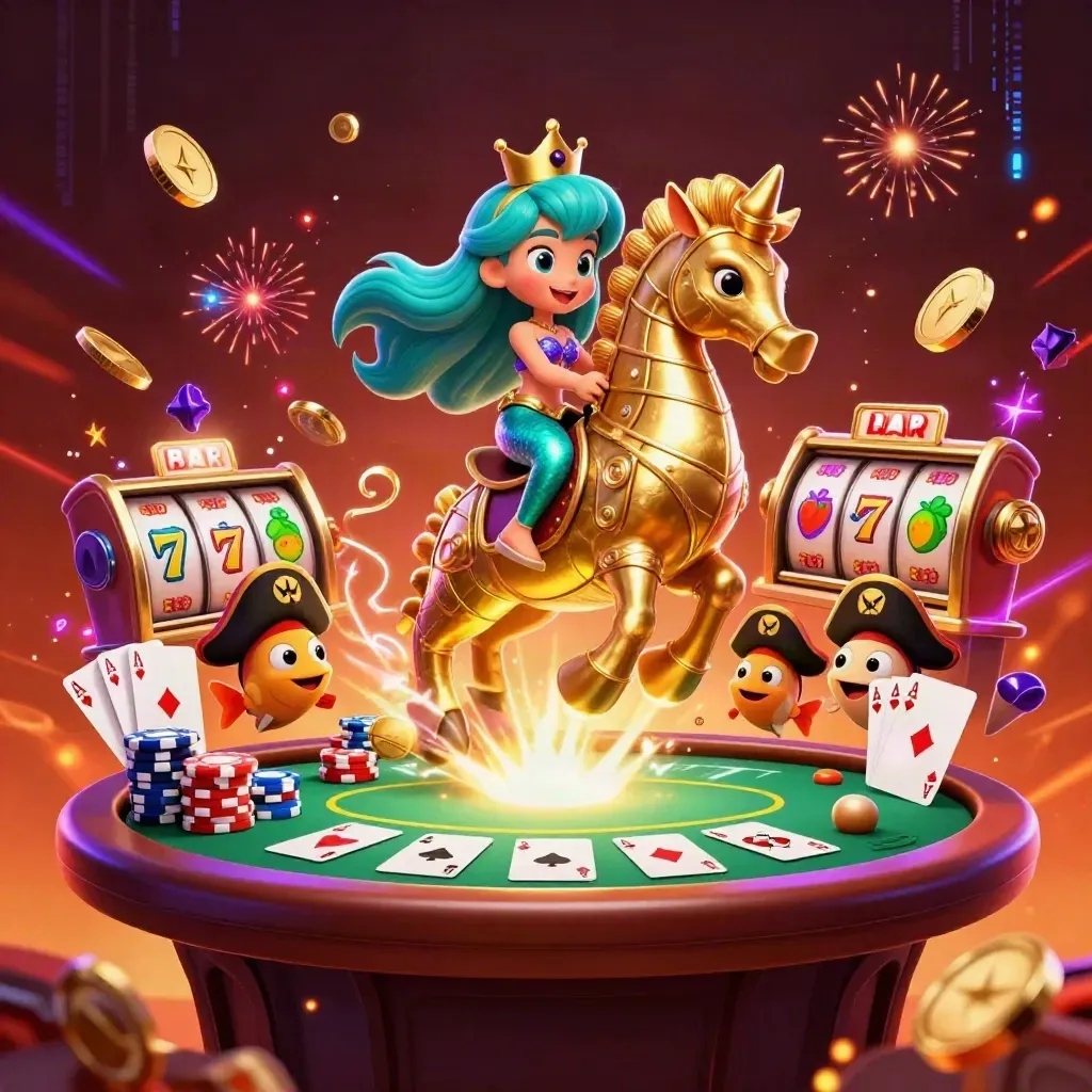 Mermaid princess on a gold seahorse amid poker, slots, coins, and neon casino fireworks.