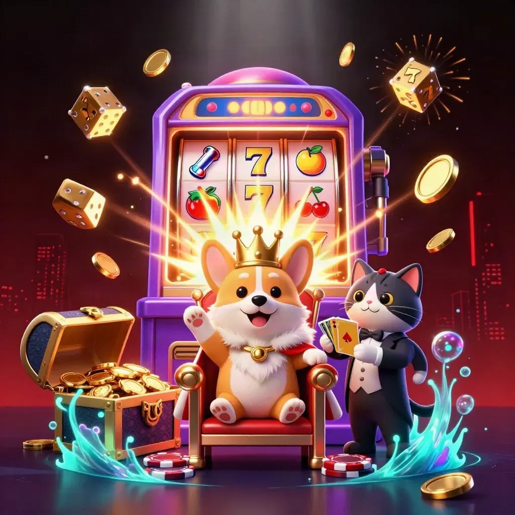 Royal corgi and cat butler amid jackpot burst, coins, fireworks, neon casino glow.