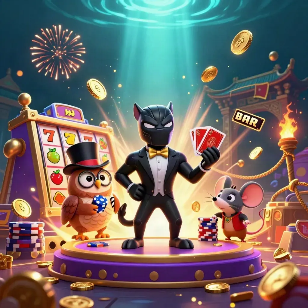 Panther, owl, and mouse amid casino loot, coins, slot reels, and neon treasure splash art.