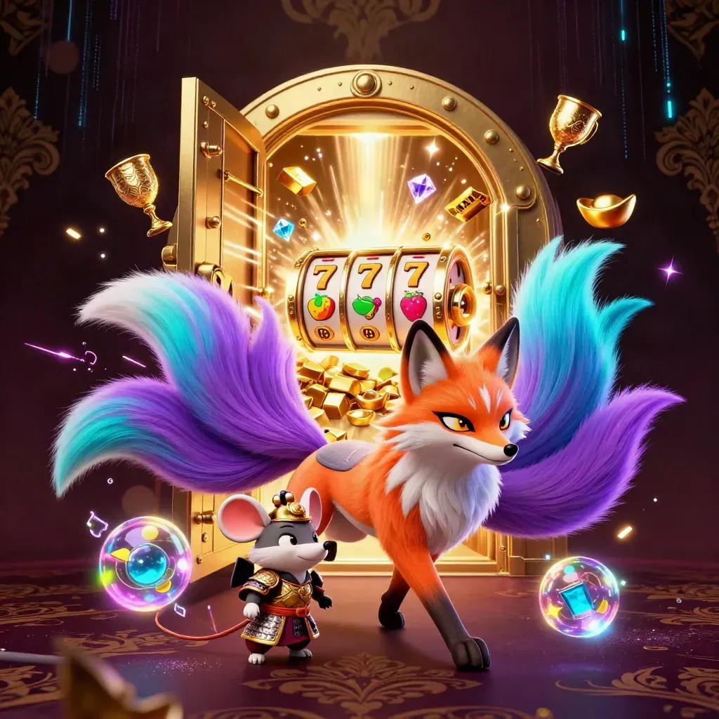 Neon nine-tailed fox spirit and golden samurai mouse amid vault treasure and slot symbols