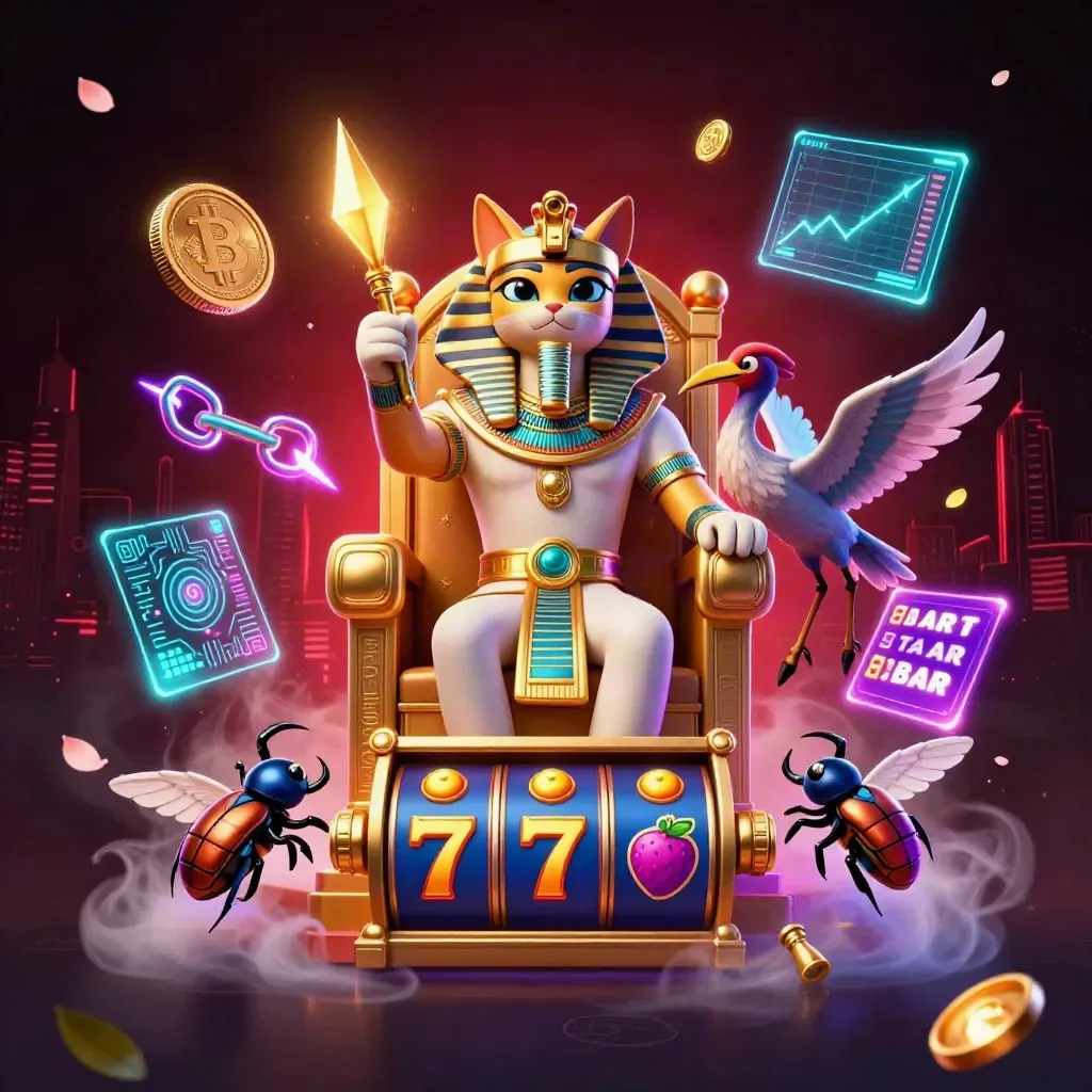 Pharaoh cat on a golden throne with ibis scribe, scarabs, neon coins, and casino effects