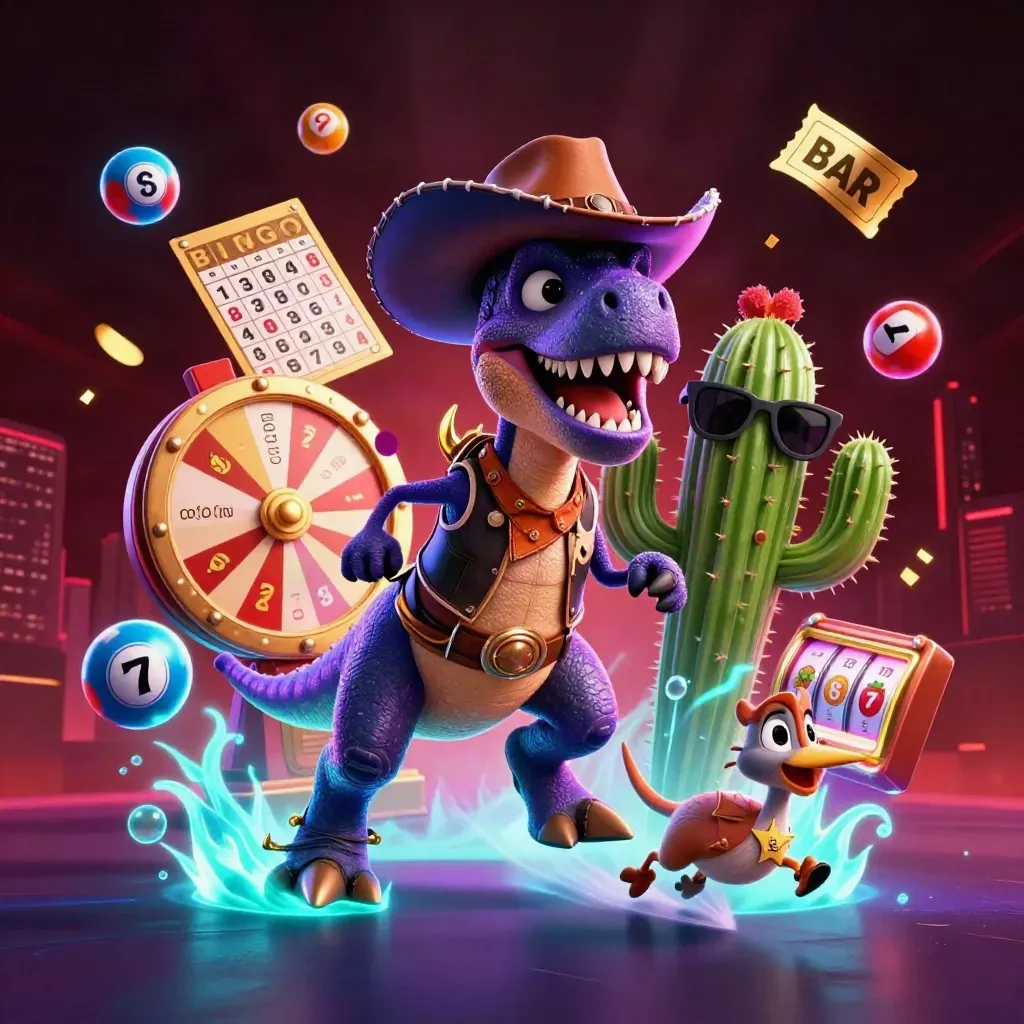 Cowboy T-Rex, cactus sidekick, and roadrunner amid neon casino reels and prize bursts.