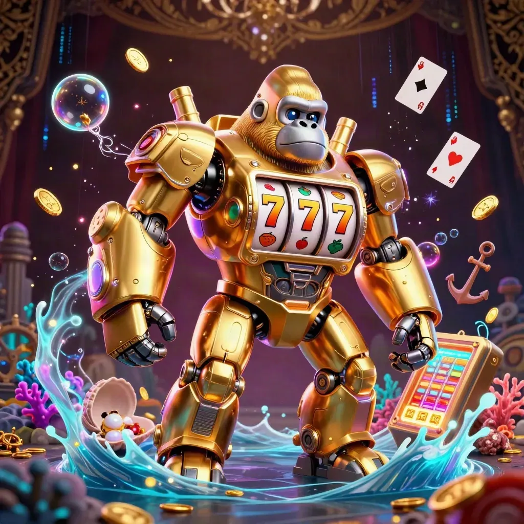 Golden gorilla slot mech with tiny monkey pilot amid treasure cove, coins, coral, cards, cyan sparks