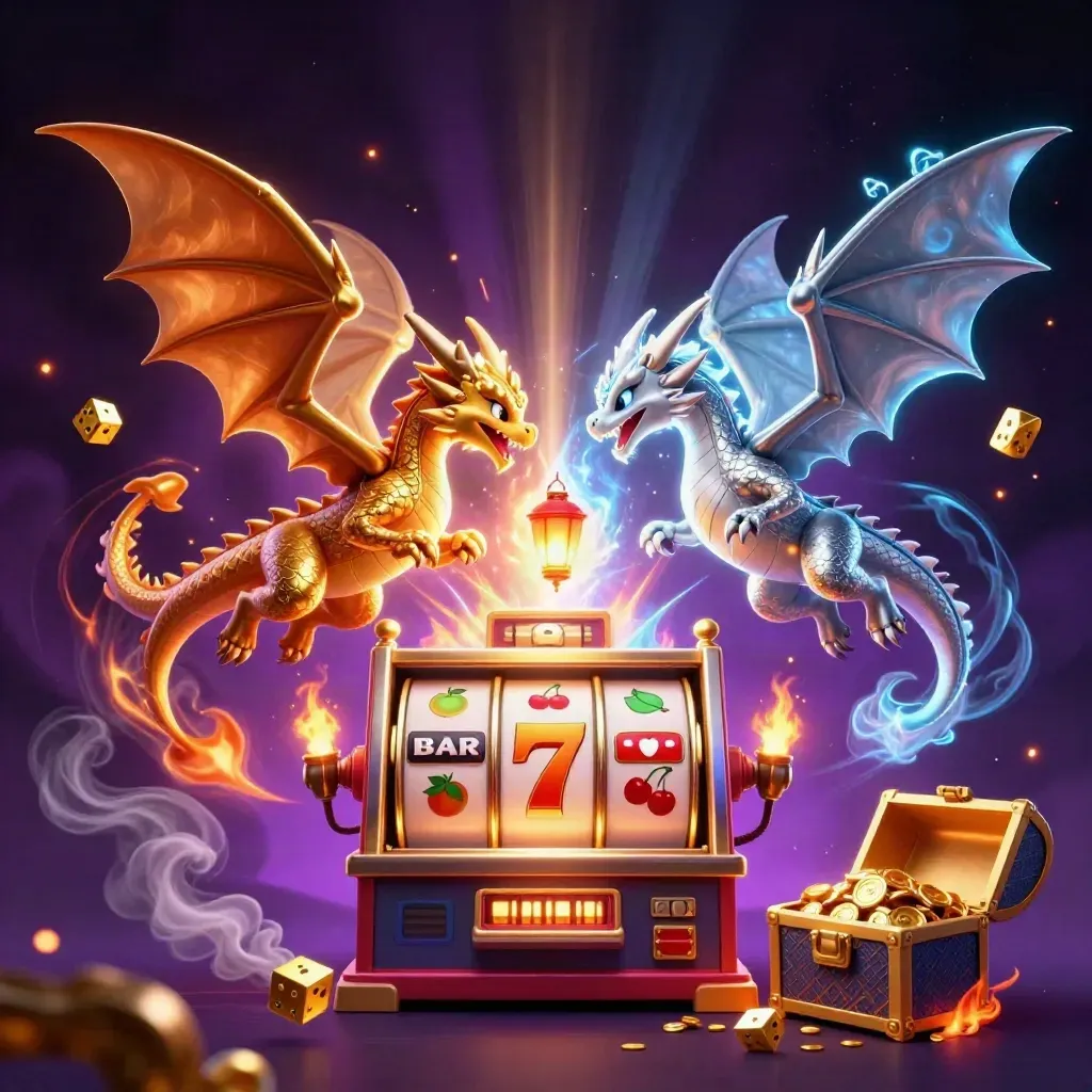 Twin gold and silver dragons swirl with fire and ice amid slot symbols and treasure.