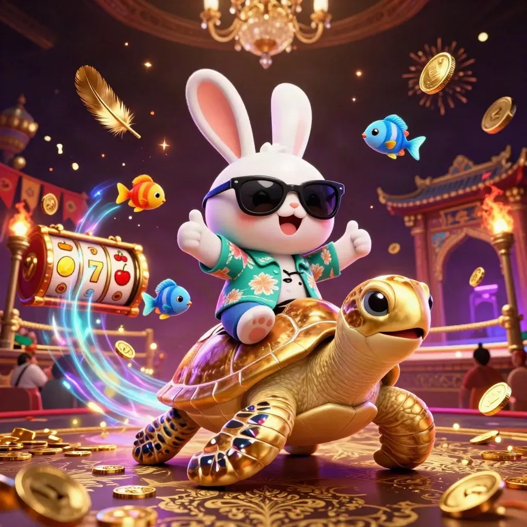 Lucky rabbit on a golden sea turtle amid neon casino magic and slot symbols.