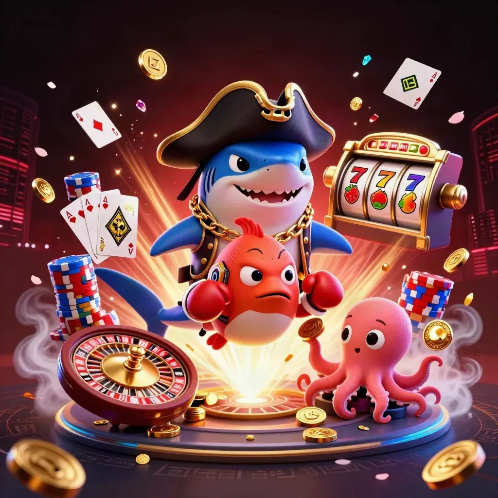 Shark pirate, boxing pufferfish, and juggling octopus amid neon casino coins and reels.
