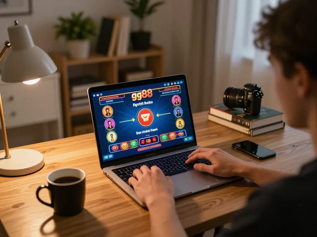 Experience gg88 live casino gaming at home with a cozy setup showcasing the online interface.