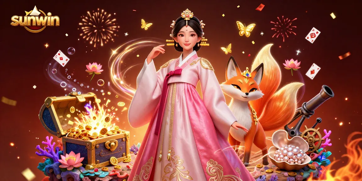 Experience thrilling online gameplay at sunwin with an enchanting 3D scene depicting an Asian woman and a lucky fox amid vibrant casino elements.