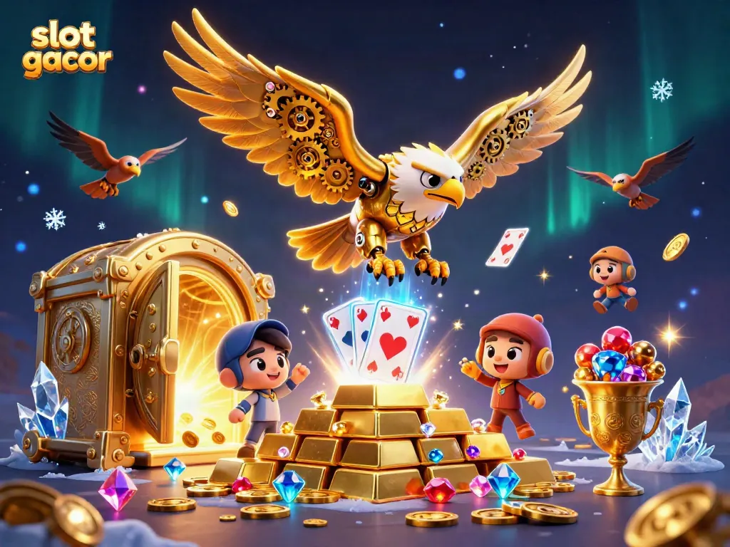 Experience the thrill of slot gacor as a golden eagle dives through holographic cards and treasure in this vibrant scene.