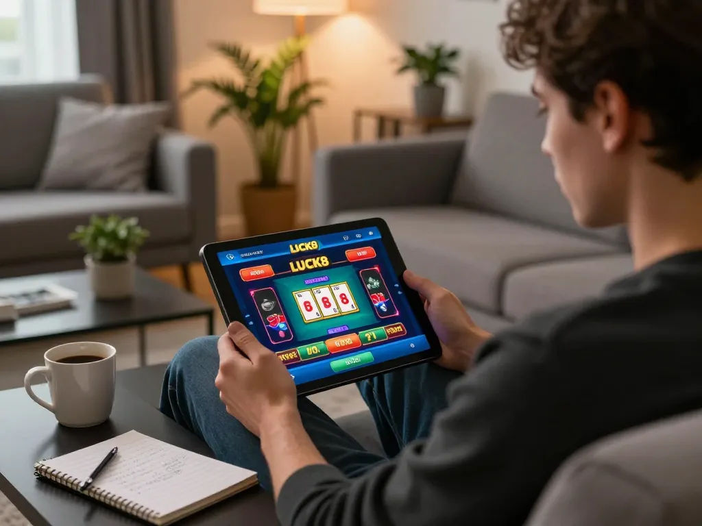 Engaging in strategic gameplay on the LUCK8 casino app at home, showcasing a cozy gaming atmosphere.