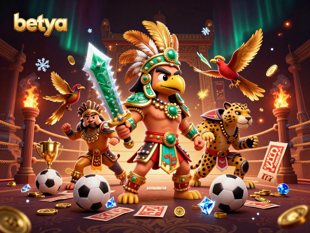 Betya sports betting scene with Aztec warriors, trophies, and betting slips.