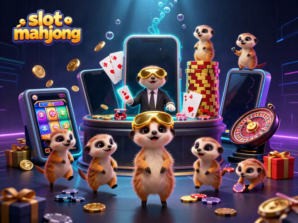 Experience the excitement of slot mahjong with vibrant meerkats operating a lively casino.