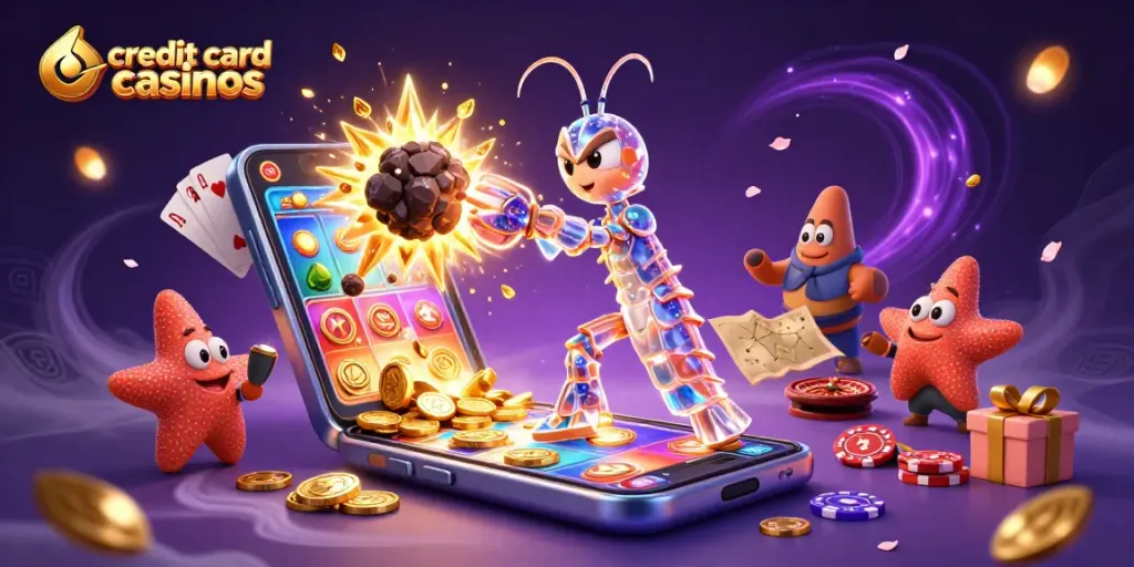 Engage in thrilling action at credit card casinos with dynamic gaming visuals and vibrant characters.