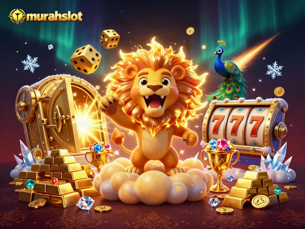 Gambarlah suasana permainan slot yang menguntungkan di murahslot dengan kartun singa dan dadu emas.
