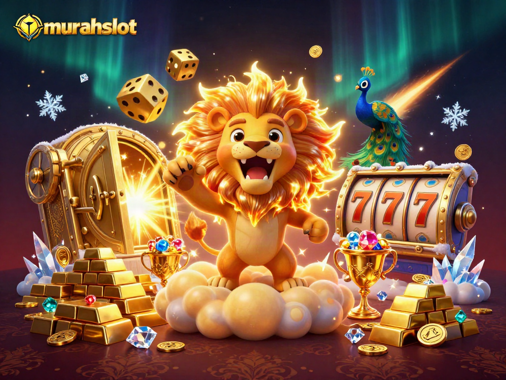 Gambarlah suasana permainan slot yang menguntungkan di murahslot dengan kartun singa dan dadu emas.