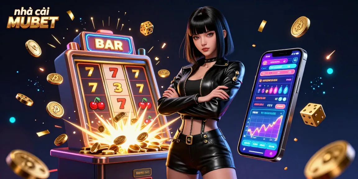 Experience the excitement at nhà cái MUBET with a stunning casino-themed illustration showcasing vibrant slots, Bitcoin features, and immersive gaming elements.