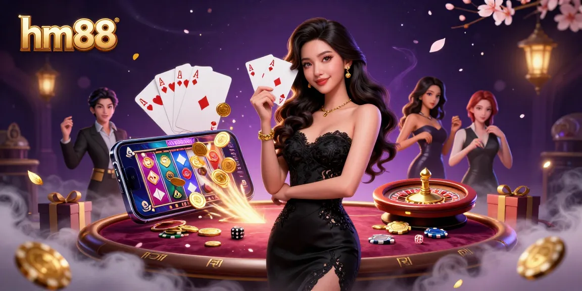 Experience thrilling gameplay at hm88 with a photorealistic Asian woman revealing victory with ace cards and vibrant casino elements.