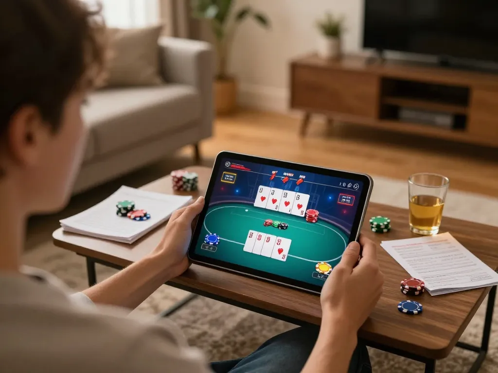 Engaging in ดูหนังออนไลน์ poker online with strategic notes and cozy ambiance.