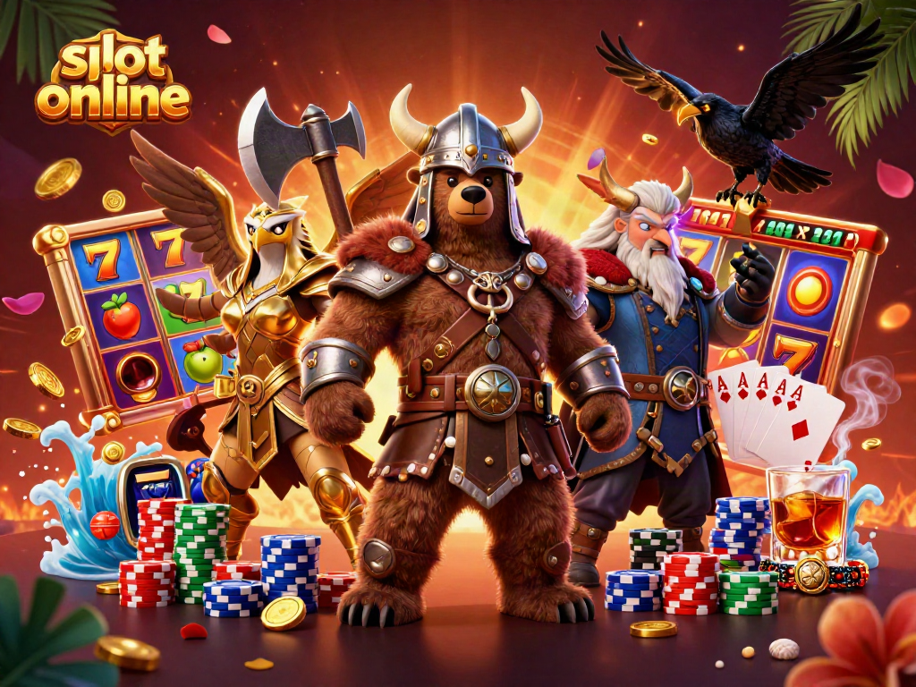 Menangkan slot online dengan karakter Viking beruang dan simbol buah bertema.