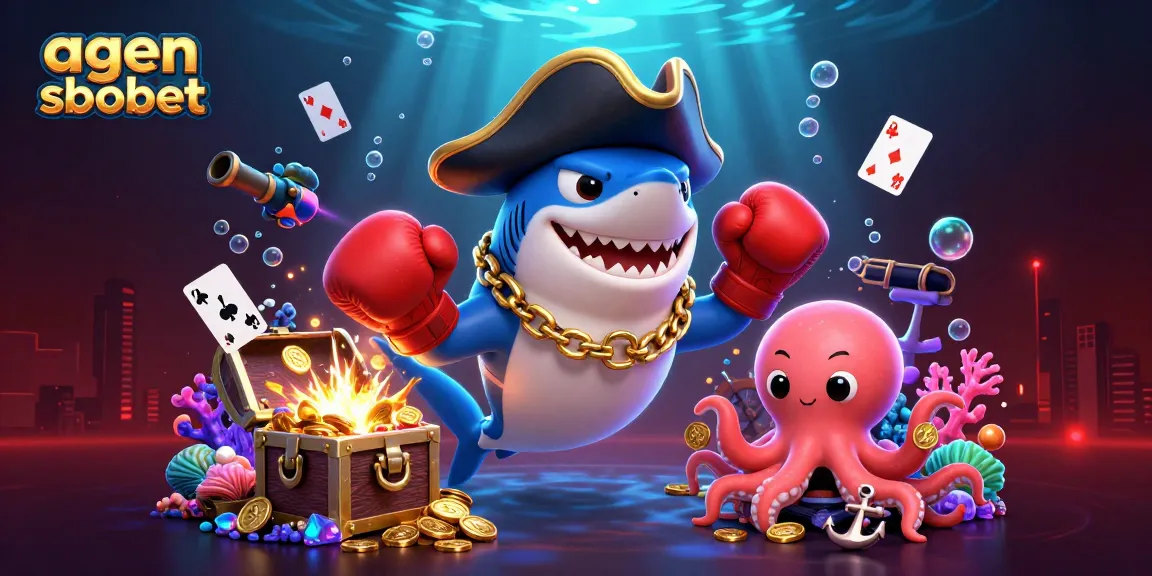 Engage with the thrill of agen sbobet through a vibrant underwater casino scene filled with animated characters and gold coins.