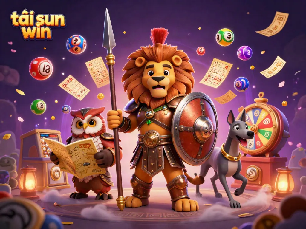 Spin to win with tải sun win lottery balls and casino characters in dazzling action.
