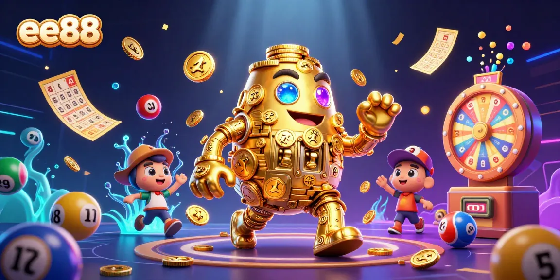 Experience thrilling wins with ee88 in a vibrant casino-themed 3D illustration showcasing golden golem and dynamic game elements.