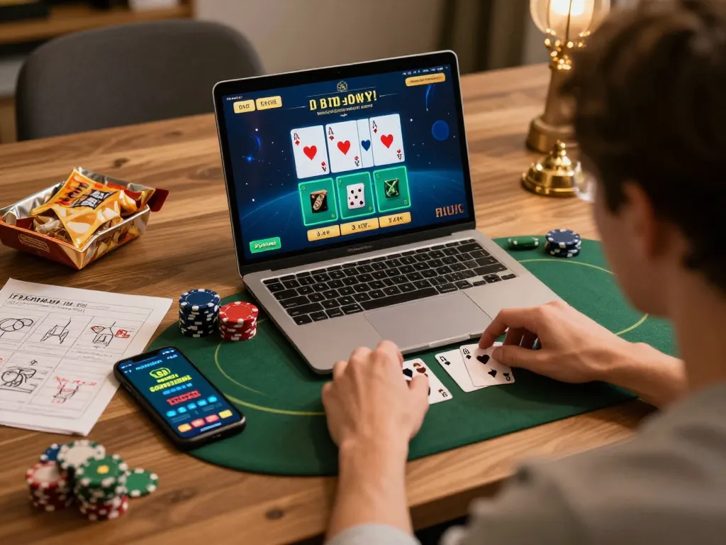 Nego77 player engaging in virtual poker with vibrant cards on laptop and casino app on smartphone.