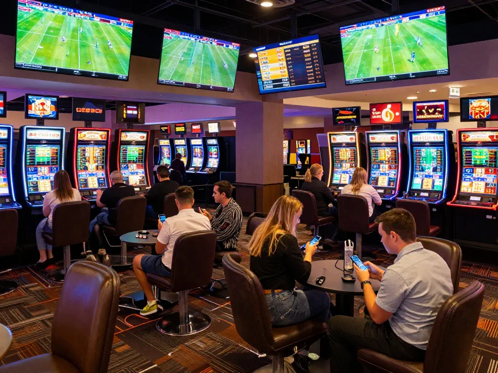 Excited patrons analyzing Tỷ Lệ Bóng Đá at a sports betting area in a modern casino