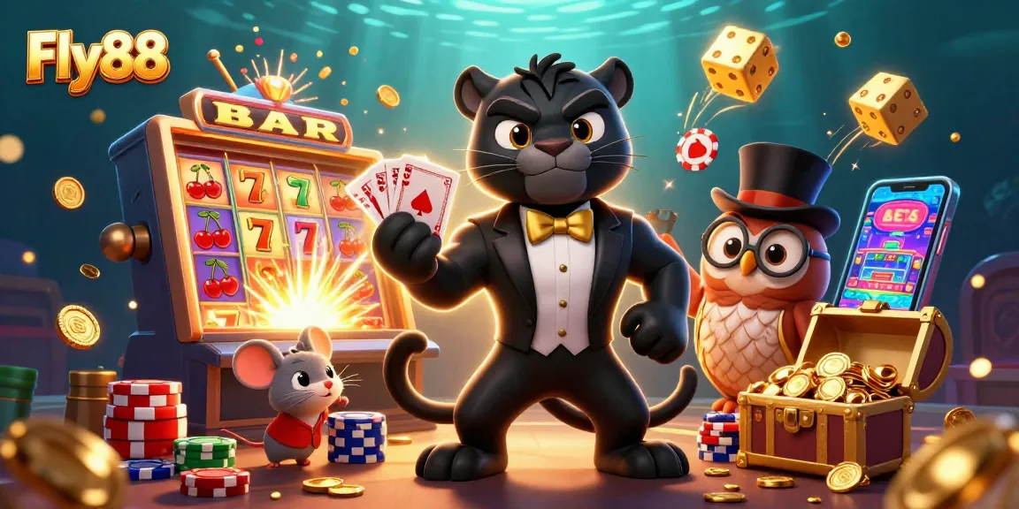 Experience the excitement of Fly88 with a stylish panther dealer and friends in a vibrant casino scene.