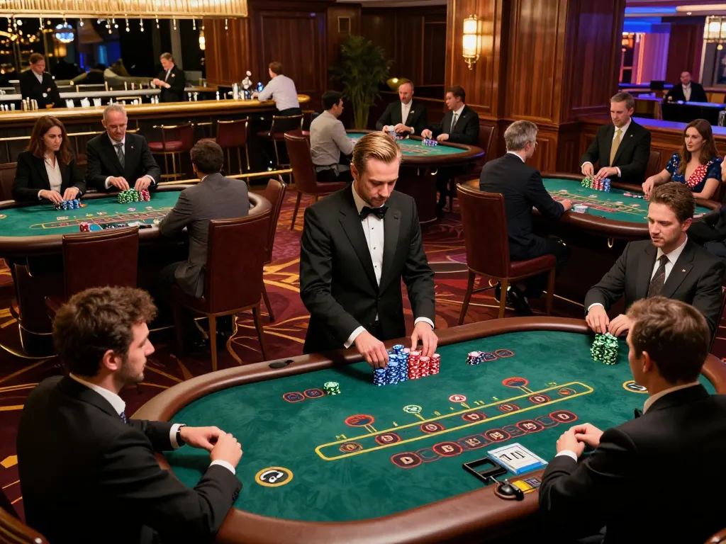 Players enjoying ดูหนังออนไลน์ at a lively blackjack table in a luxurious casino, showcasing colorful chips and strategic gameplay.