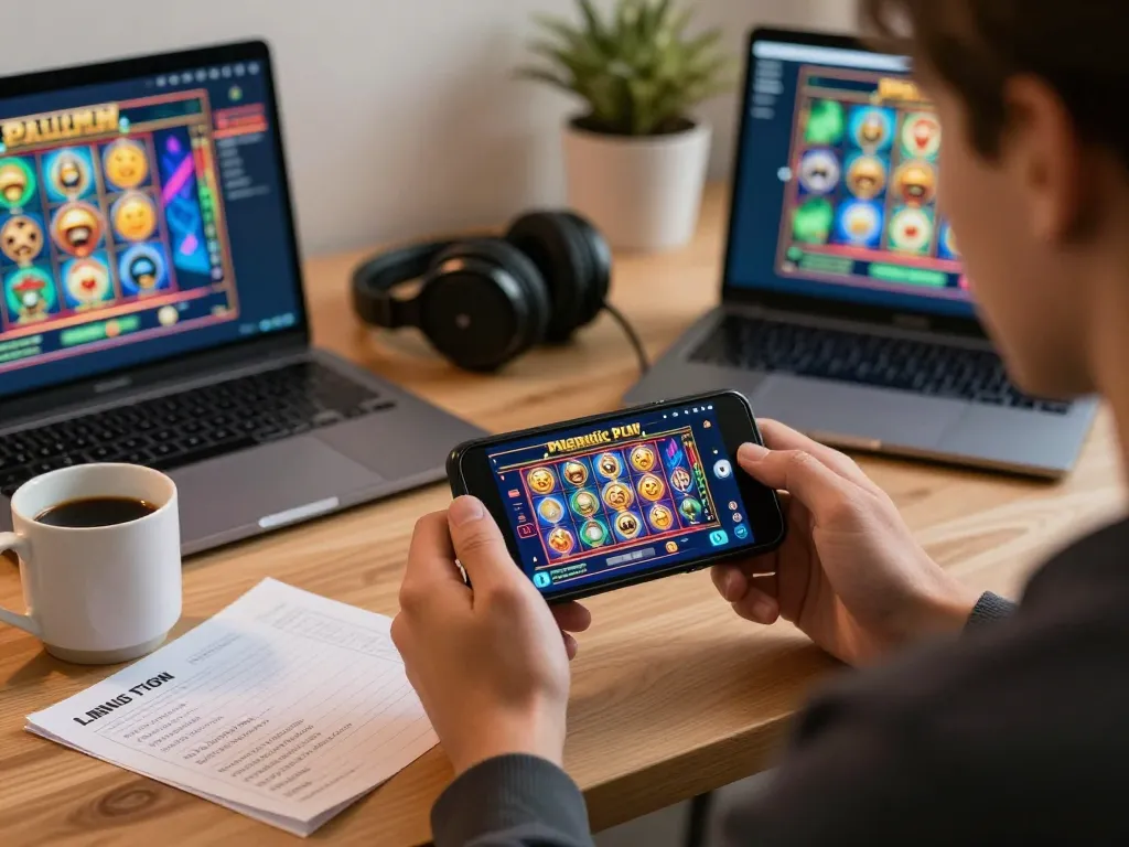 Engage with the Pragmatic Play Login while enjoying exciting slot games on a smartphone in a cozy home.