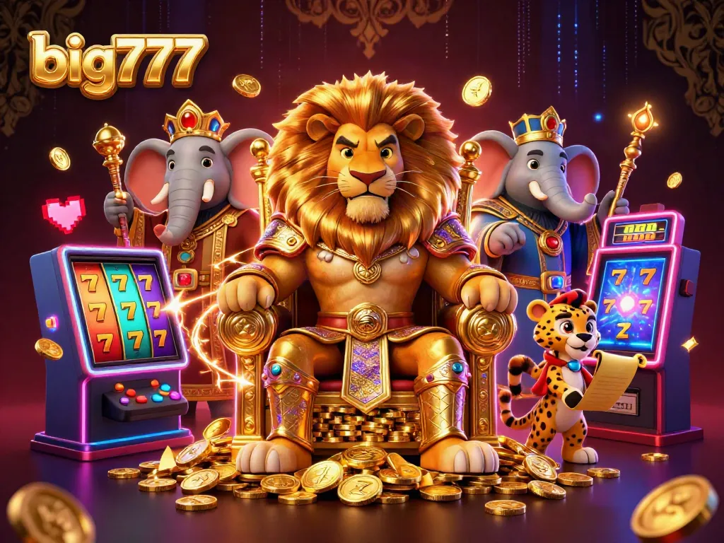 Experience big777 excitement with vibrant slot machines and roaring casino characters in this 3D illustration.