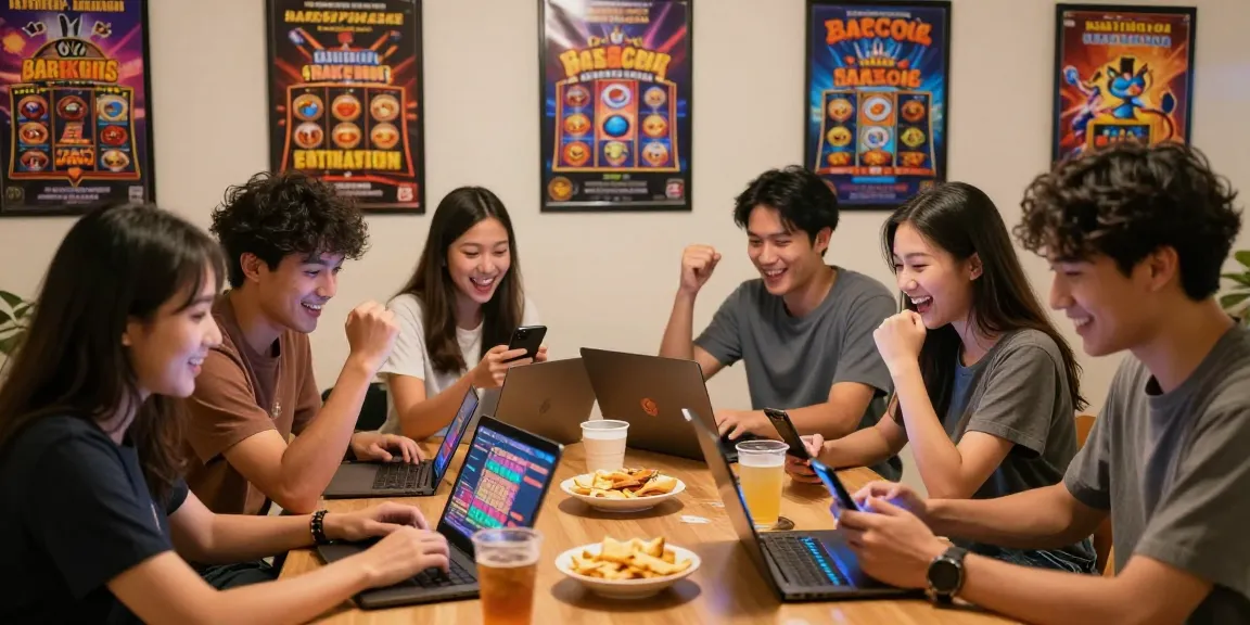 Friends engaging in an exciting slot gacor gaming session in a cozy room filled with snacks and vibrant game posters.