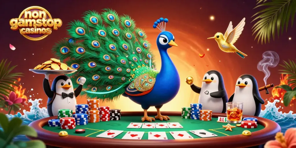 Experience thrilling action at non gamstop casinos with vibrant characters amidst a poker scene.