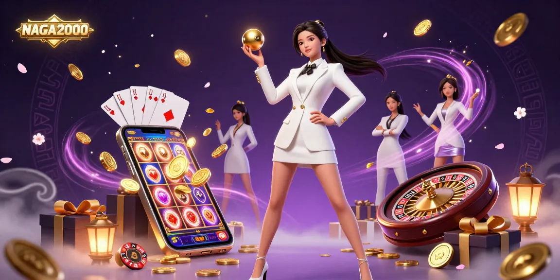NAGA2000 menawarkan suasana penuh warna dari kegembiraan permainan, menampilkan wanita menakjubkan yang memegang bola roulette di tengah permainan slot dinamis dan elemen kasino.