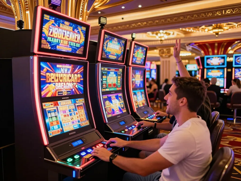 Players celebrating big wins at colorful slot machines in an exciting casino.