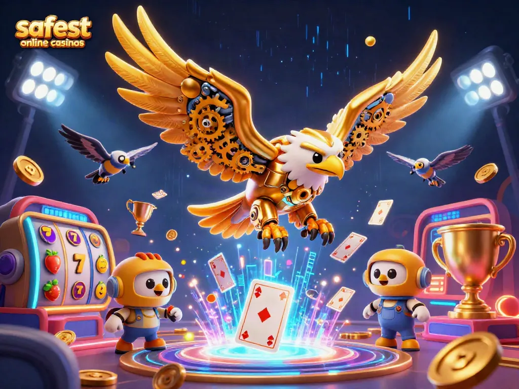Experience the action at the safest online casinos with a vibrant 3D illustration of a golden eagle diving through holographic cards.