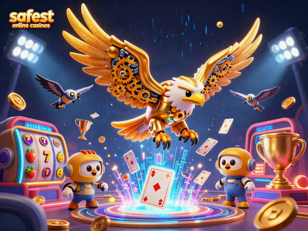 Experience the action at the safest online casinos with a vibrant 3D illustration of a golden eagle diving through holographic cards.