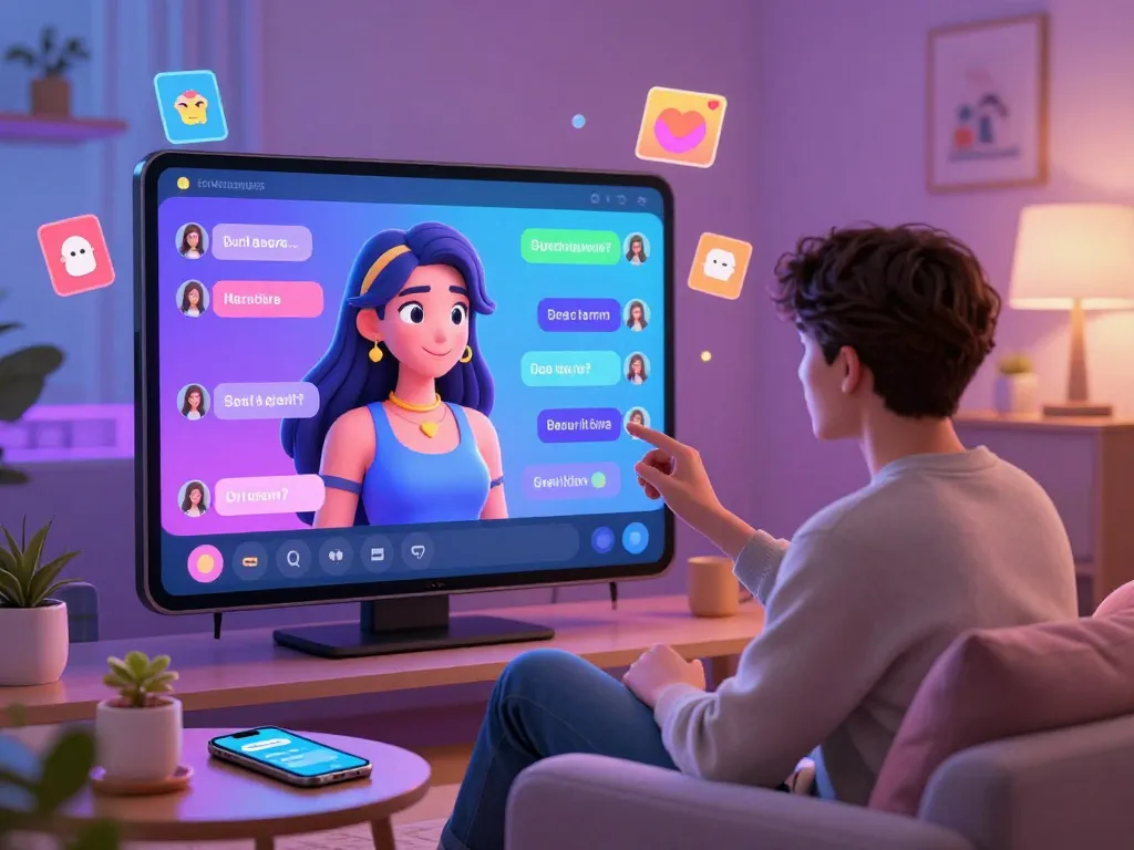Engaging in ai sex chat with a virtual NSFW AI character in a cozy, ambient living room.