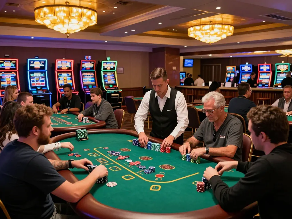 KJC players strategizing on blackjack tables at a lively casino.