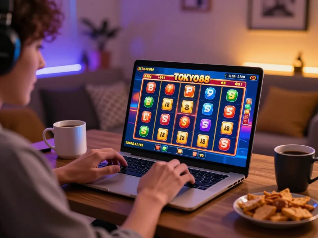 Pemain yang terlibat menikmati permainan slot TOKYO88 di pengaturan rumah yang nyaman, menampilkan perjudian online yang vibrant.