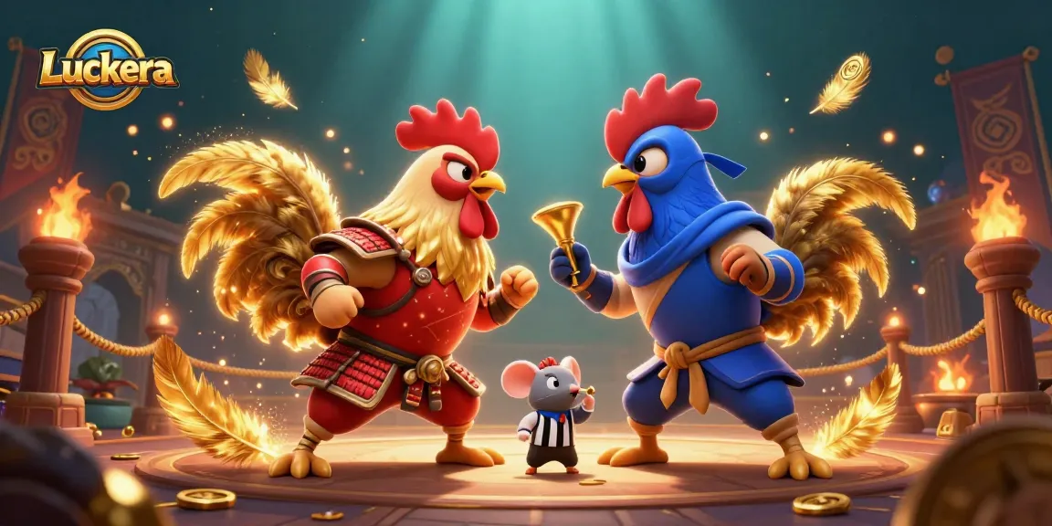 Engage in thrilling Luckera battles with cartoon roosters in a vivid casino-inspired arena.