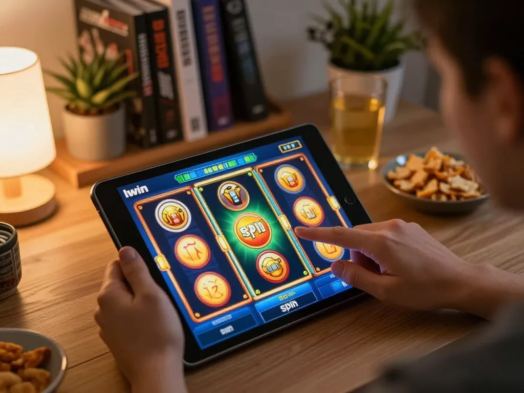 Iwin platform showcased on tablet as player prepares to spin a vibrant online slot game.