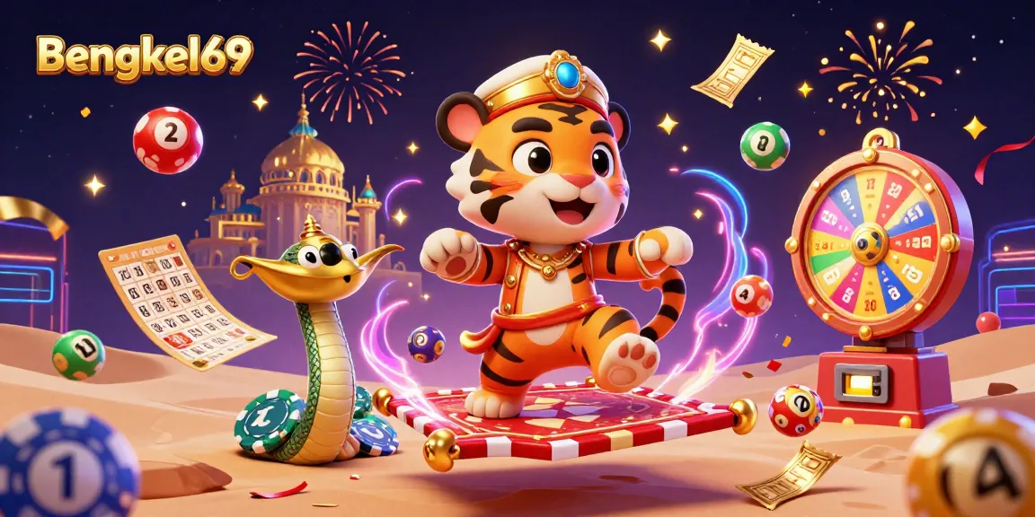 Bengkel69 brings excitement to gaming with colorful lottery and bingo elements in a vibrant casino scene.